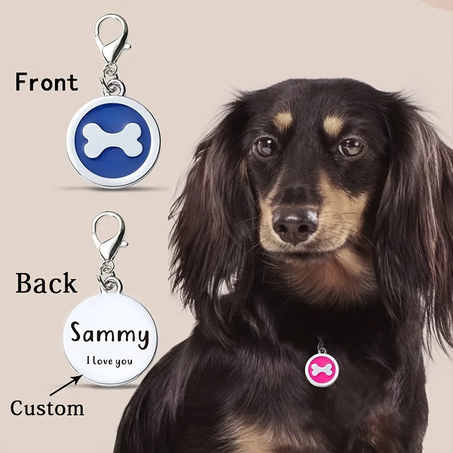 1pc Pink Personalized Customized Dog Bones Silver Round Shaped Pet ID Tag, Back Can Be Engraved With Pet Name