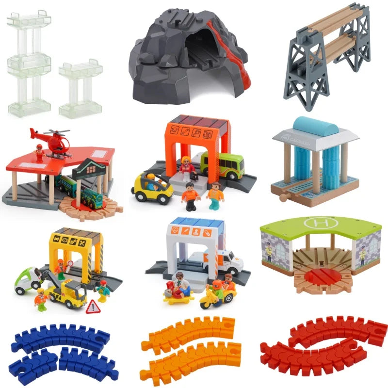 Wooden Track Railway Accessories Bridge Train Station Tunnel Wood Track Educational set Toys Wood Railway Train Track toys