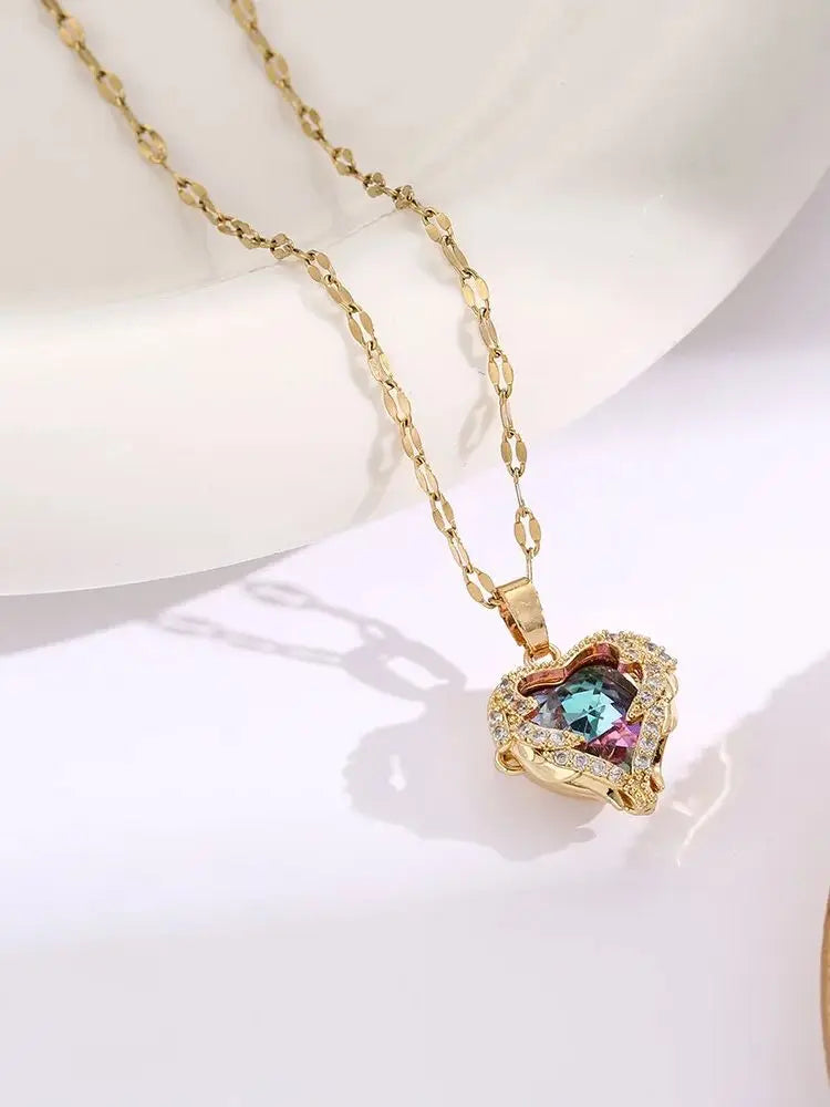 Top Luxury Colorful Crystal Ocean Heart Pendant Necklace For Women Trendy 316L Stainless Steel Jewelry Female Wedding Neck Chain