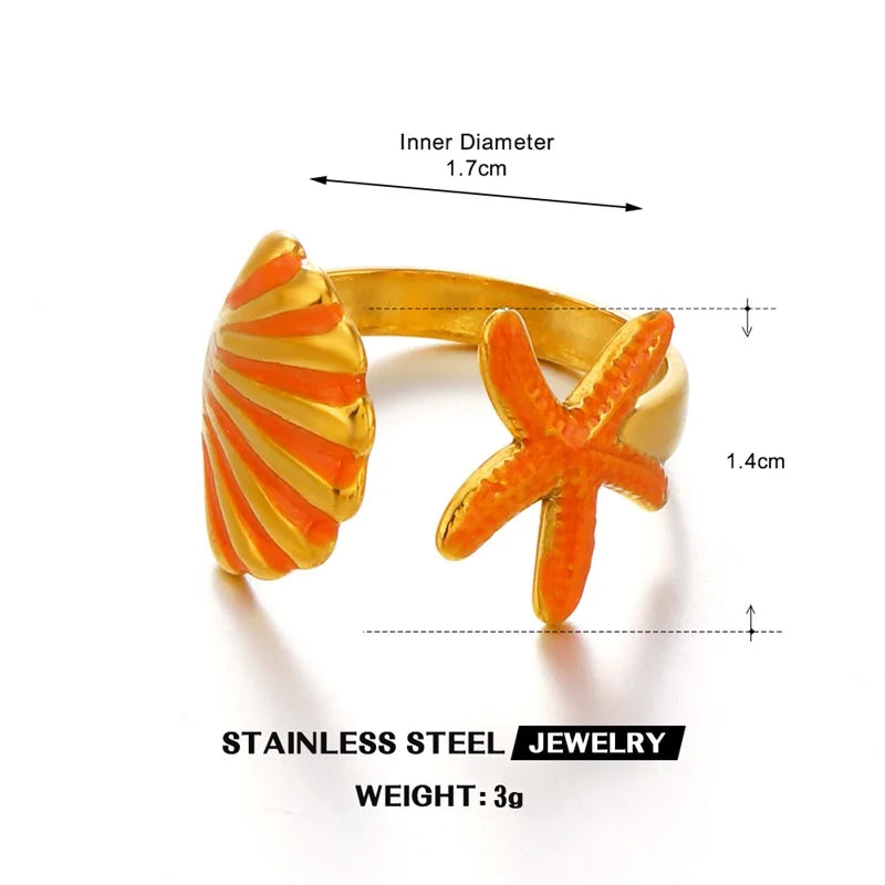 EILIECK 316L Stainless Steel Enamel Starfish Shells Open Adjustable Ring for Women Waterproof Chic Beach Summer Ring Jewelry