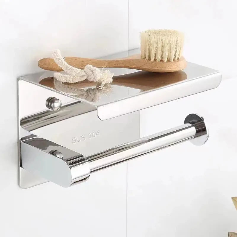 Stainless Steel Wall-Mounted Toilet Paper Holder - No Drilling Required