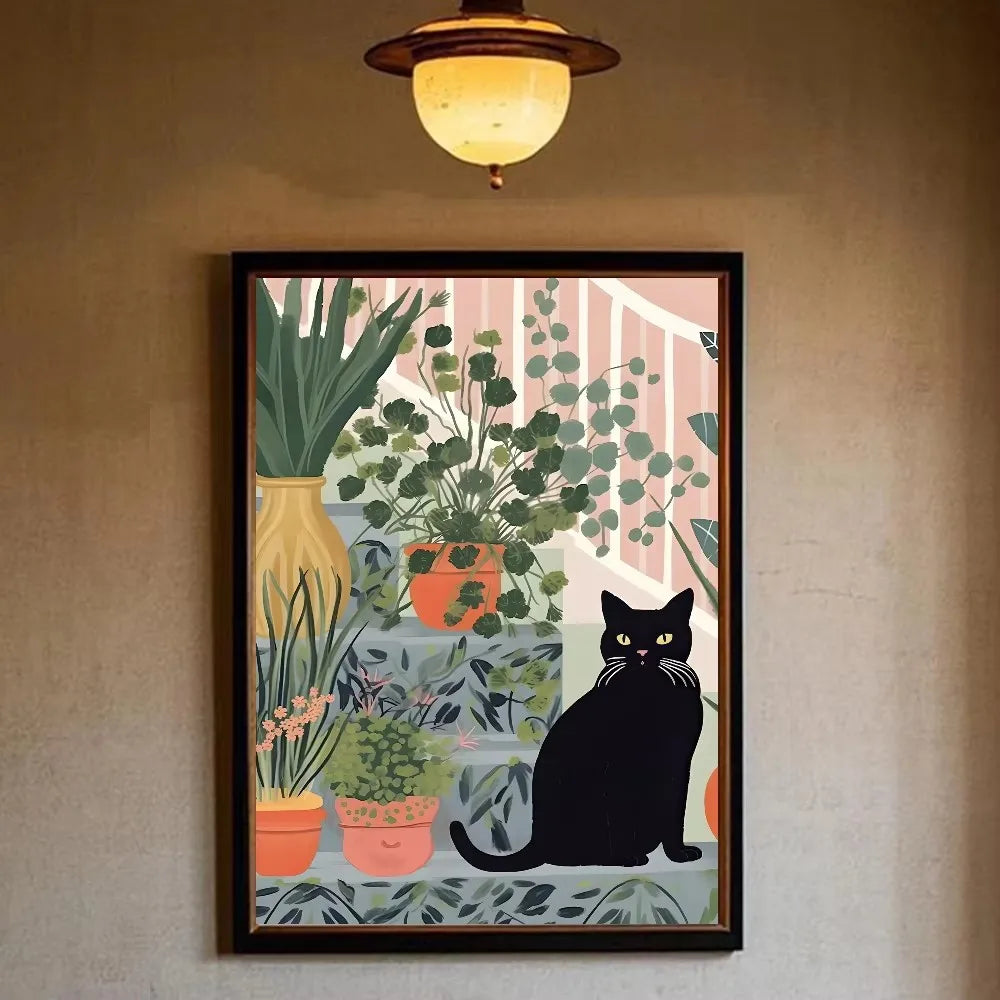 Funny Black Cat Reading Newspapers on The Toilet Canvas Print Green Pink  Animal Wall Art Poster for Modern Bathroom Home Decor