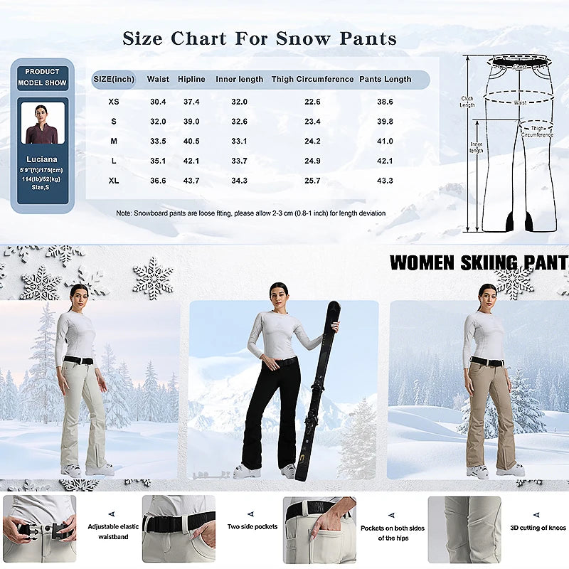 New Women's Skiing Pants Stretch Slim-fit Dual-layer Insulated Professional Windproof Waterproof Breathable Solid Color Ski Pant
