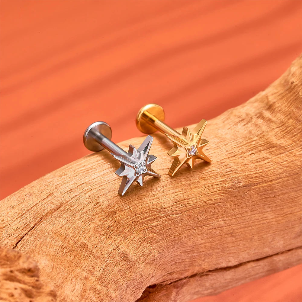 ASTM F136 Titanium 16G Sparkling CZ North Star Stud Earring Labret Cartilage Tragus Helix Conch Lobe Piercing