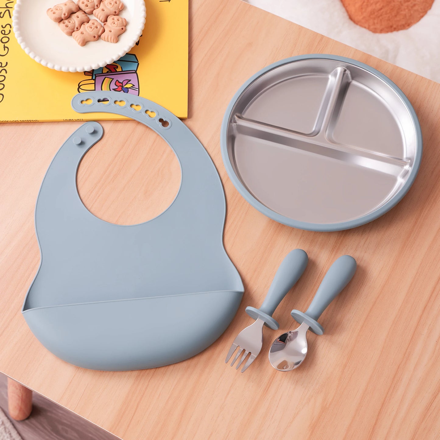 Premium 4-Piece Baby Feeding Set - Stainless Steel & Silicone Tableware