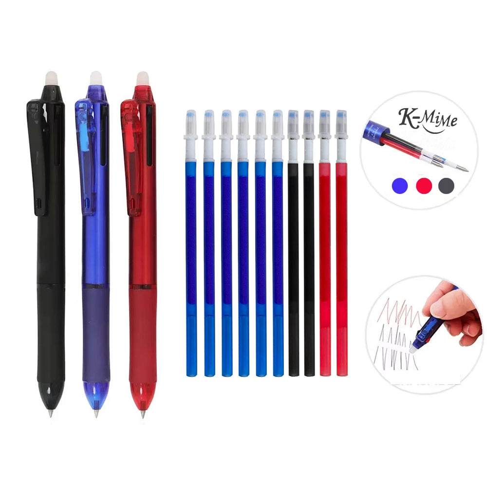 3 in 1 Colored Erasable Pen Set for School Writing, 3 pens + 10 refills