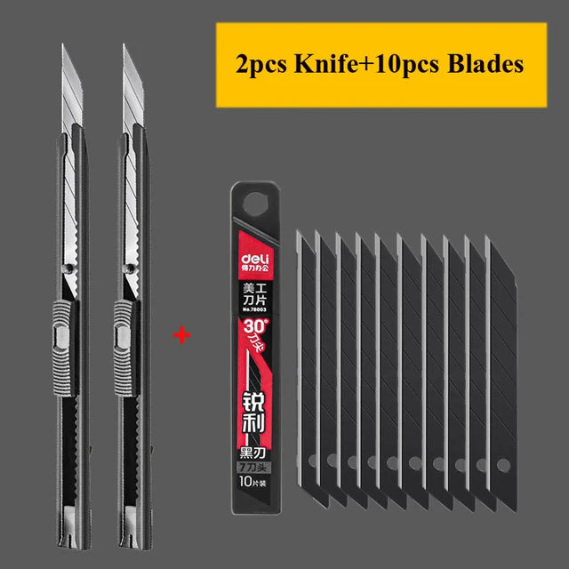 Deli Retractable Box Cutter 9mm 30 Degree Blade Utility Knife Carbon Steel Self-Locking Design Cutting Tools Wallpaper Carton