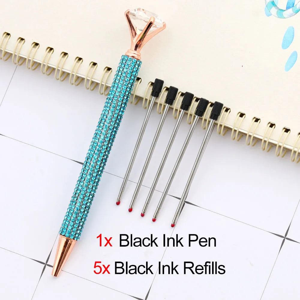 Lytwtw's Luxury Gold Ballpoint Pen Big Diamond Wedding Rose,Metal Stationery School Supplies  1 PCS Pen +5 PCS Refills