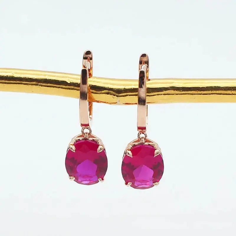 585 purple gold plated 14k rose gold inlaid oval pink gemstone earrings for women light luxury charm simple engagement jewelry