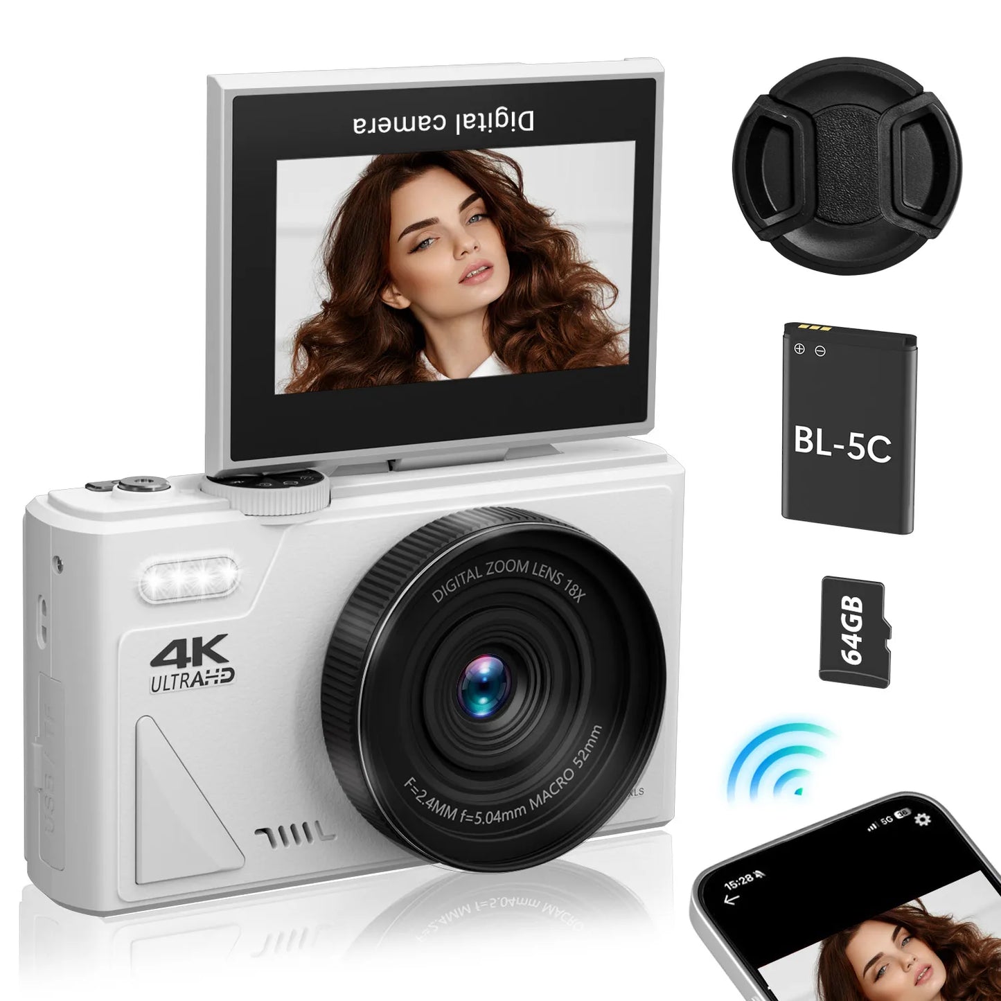 Compact 4K Digital Camera 64MP 18X Zoom for Photography Vlogging YouTube 3'' Flip Screen Flash