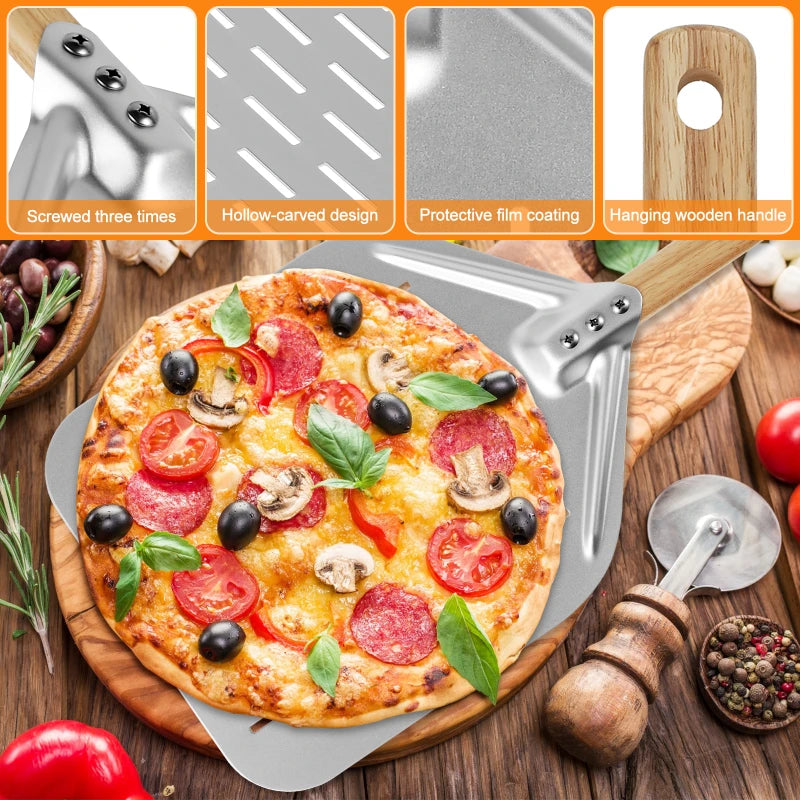 6.5/10inch Pizza Shovel Metal Non-Stick Pizza Peel with Wood Handle Cake Lifter Transfer Tray for Homemade Baking Pizza Bread