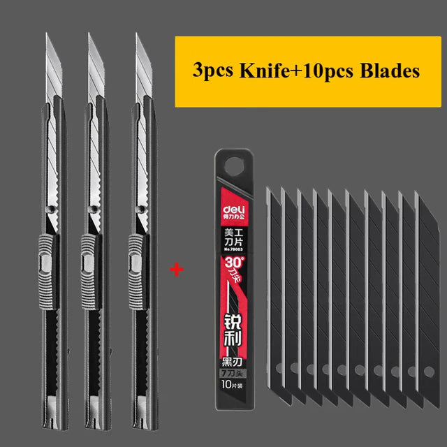 Deli Retractable Box Cutter 9mm 30 Degree Blade Utility Knife Carbon Steel Self-Locking Design Cutting Tools Wallpaper Carton