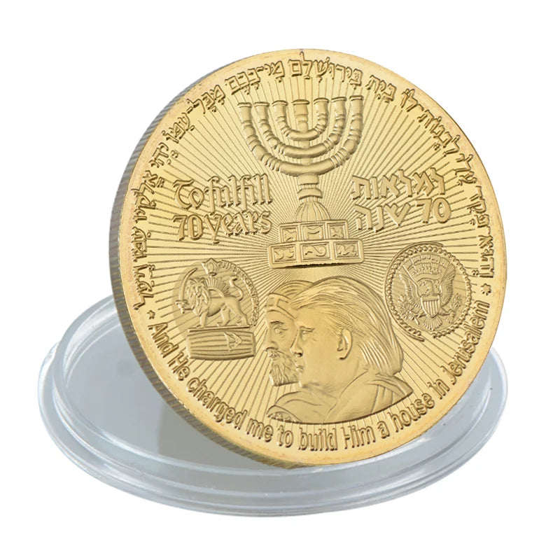 Israel 70th Anniversary Embossed Commemorative Metal Coin Round Double Golden Plated Coins Art Souvenir Gifts Crafts Ornament