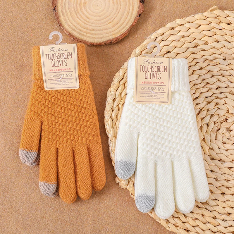 1Pair Winter Touch Screen Gloves Women Men Warm Stretch Knit Mittens Imitation Wool Full Finger Mountaineering Gloves
