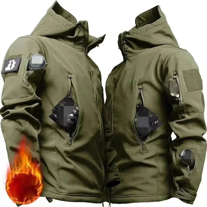 5XL 6XL Tactical Soft Shell Hooded Fleece Men Winter Windproof Waterproof Warm Coats Outdoor Multi-pocket Jacket