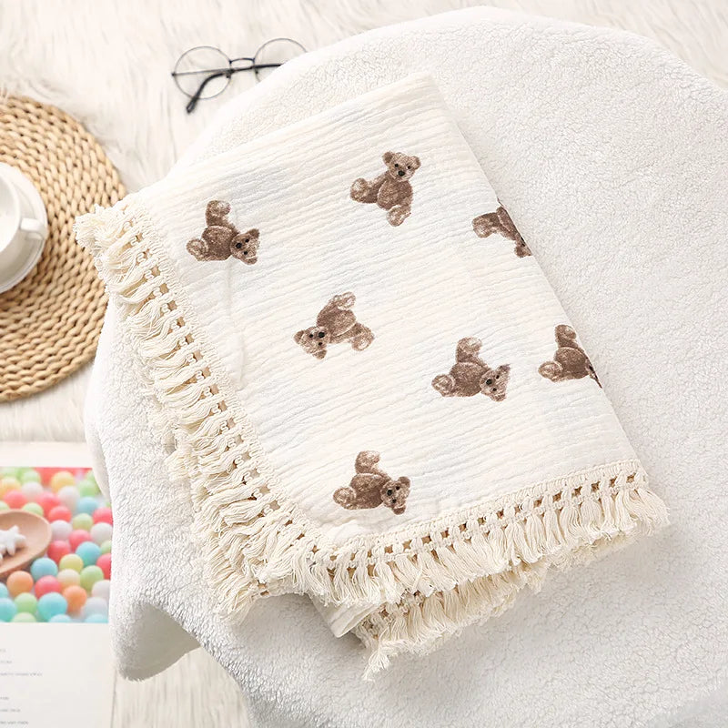 Premium Cotton Muslin Baby Blanket - Cute Bear Swaddle for Newborns
