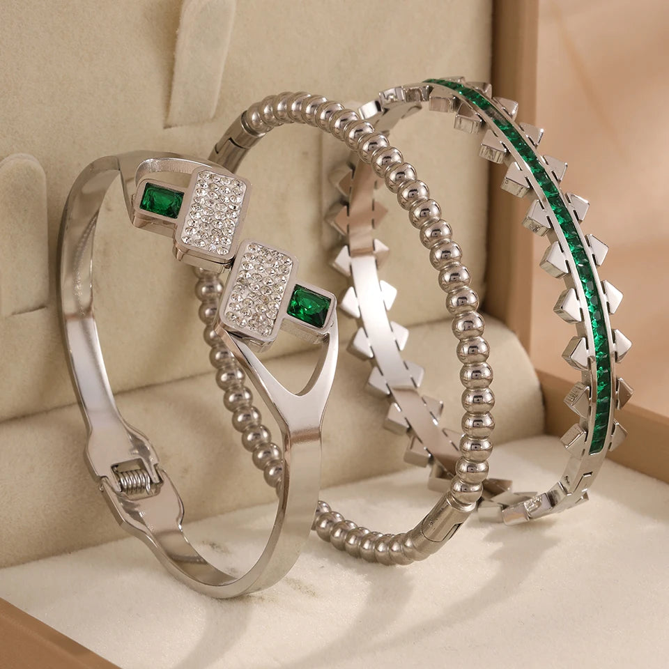 Yupsk 3Pcs/Set 316L Stainless Steel Green Zircon Inlaid Bracelets for Women Fashion Versatile Jewelry for Every Occasions