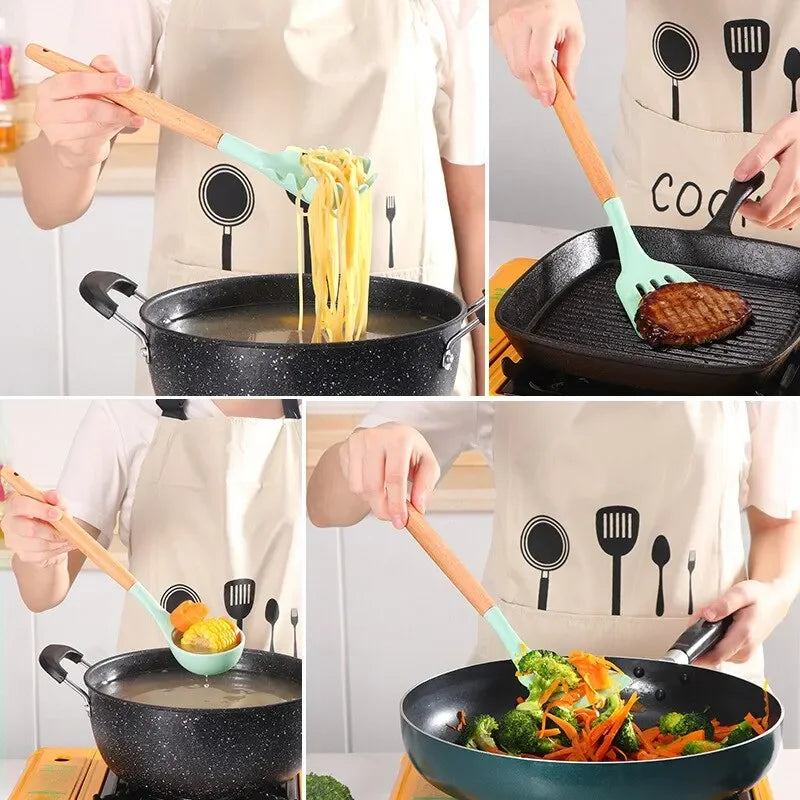 12-Piece Wooden Handle Silicone Kitchen Utensil Set - Non-Stick Cooking Tools