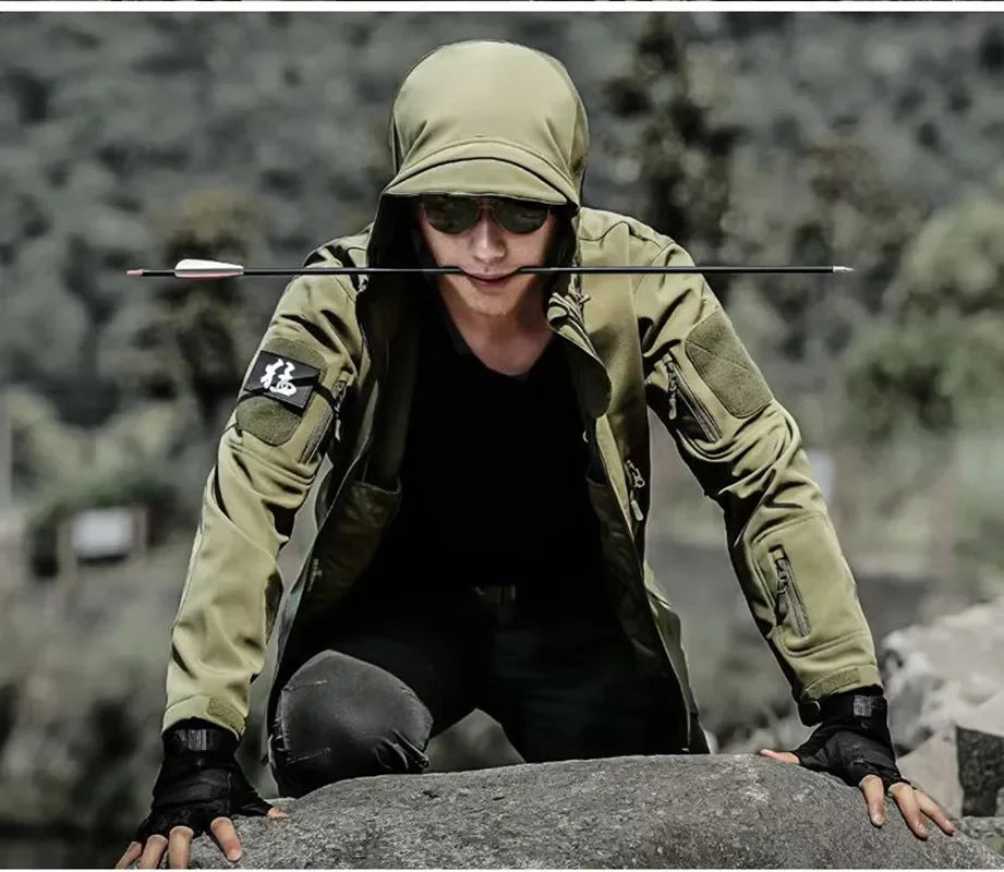5XL 6XL Tactical Soft Shell Hooded Fleece Men Winter Windproof Waterproof Warm Coats Outdoor Multi-pocket Jacket