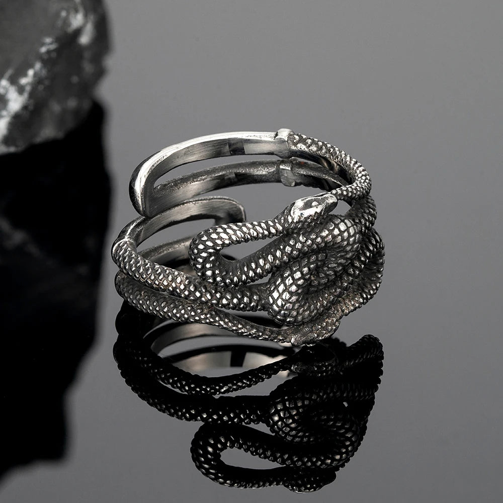 Punk Norse Mythology Jormungand Snake Ring Men Women Opening Stainless Steel Ouroboros Viking Male Retro Icelandic Jewelry Gifts