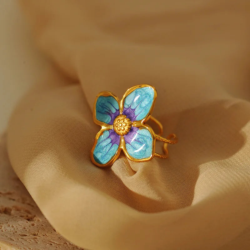 EILIECK 316L Stainless Steel Enamel Starfish Shells Open Adjustable Ring for Women Waterproof Chic Beach Summer Ring Jewelry