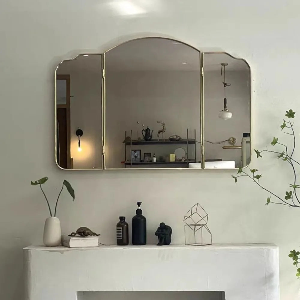 Retro Luxury Triple Fold Mirror 80x60 Wall Decoration Nordic Bathroom Makeup Mirrors 90x60 Stainless Steel Frame Home Decor