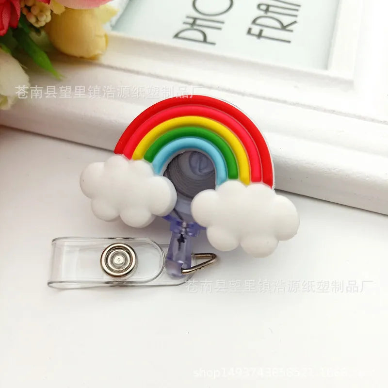 New Design 1 Piece Soft Silicone Retractable Nurse Badge Reel Cute Strawberry Love Heart Rainbow Flowers ID Card Holder Lanyard