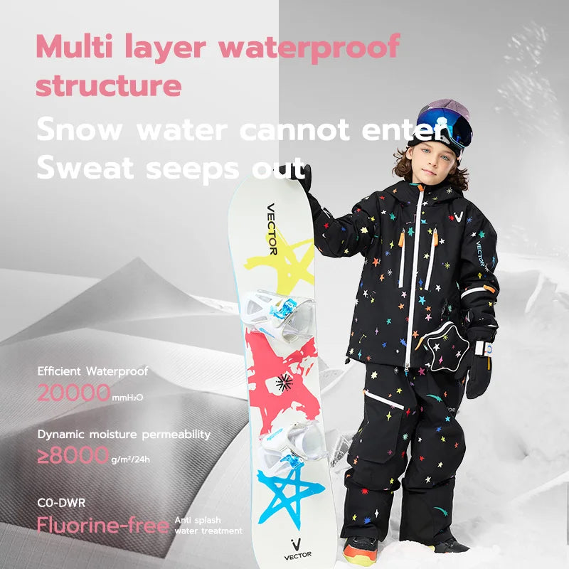 VECTOR Boys Girls Children's Skiing with Fleece Jacket Ski Pants Waterproof Splash Proof Breathable Double Board Skiing