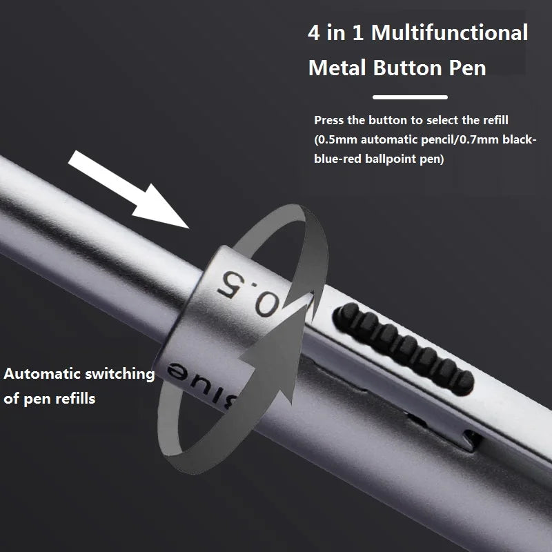 4 In1 Multi-Function Ballpoint Pen/Mechanical Pencil,Metal Integrated Gravity Signature Canetas Black Technology Press Oil Stylo