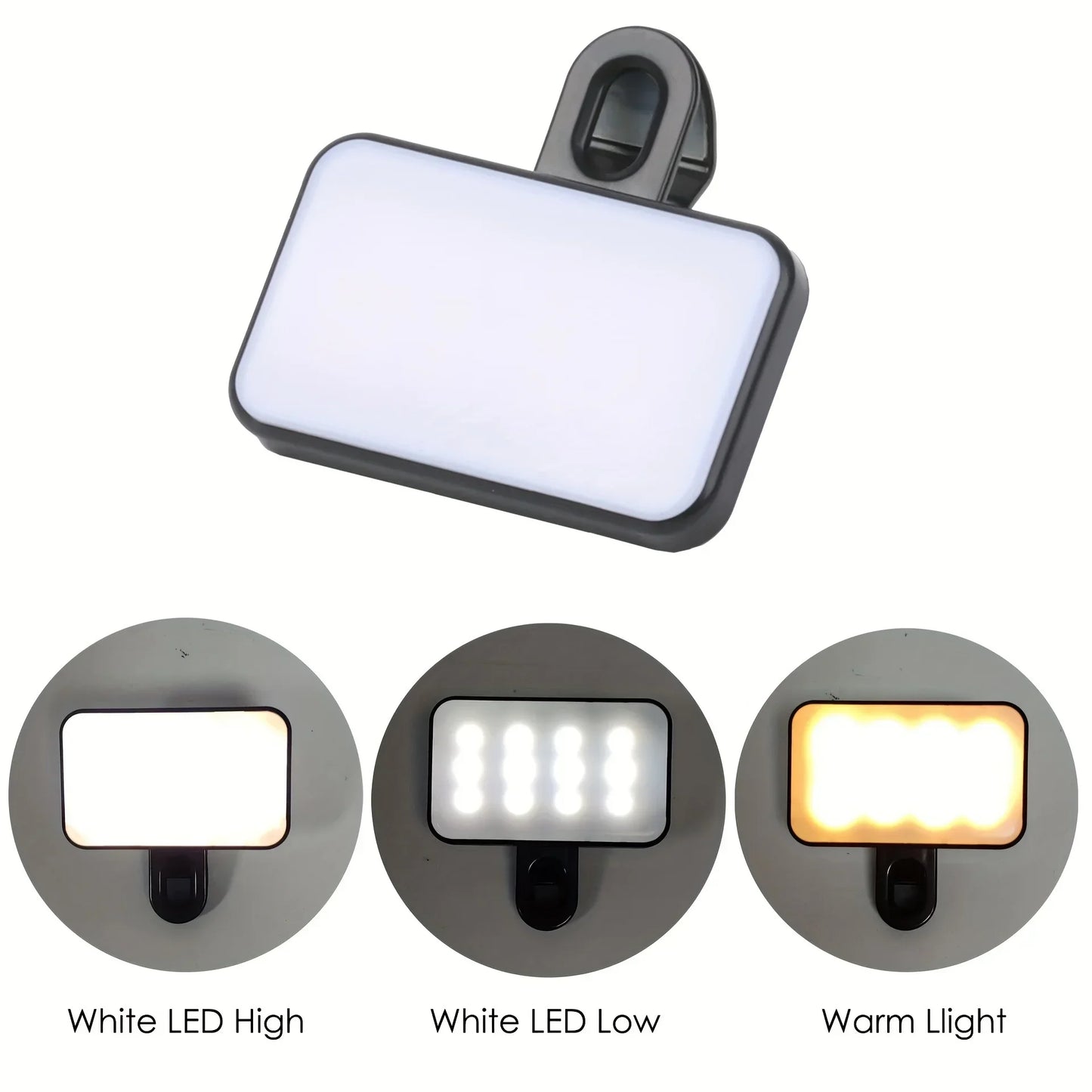 Premium Mini Rechargeable Selfie Light - 3 Color Modes Clip-On LED