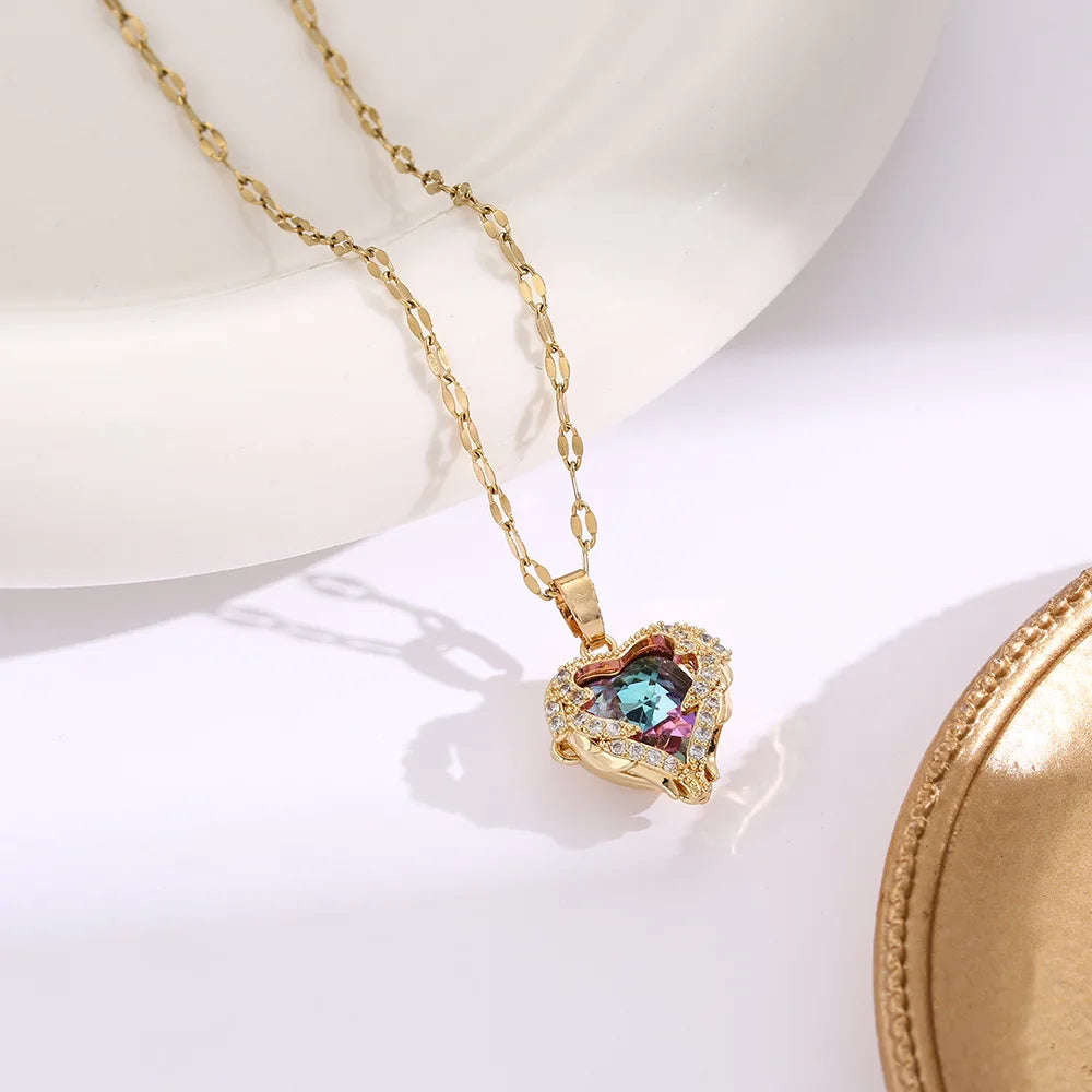 Top Luxury Colorful Crystal Ocean Heart Pendant Necklace For Women Trendy 316L Stainless Steel Jewelry Female Wedding Neck Chain