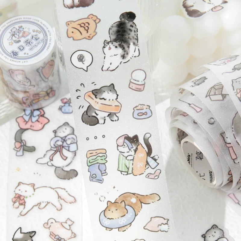 Mr. Paper Lucky Cat PET Tape 200cm - Glitter Sand Material, Cute Pet Theme Journal Decor, DIY Scrapbooking Diary Album Calendar