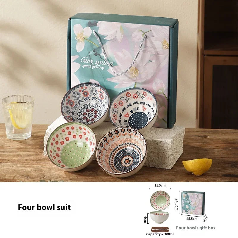 Exquisite Porcelain Bowl Set Dessert Salad Snack Bowl Kitchen Noodle Bowl Tableware Gift Box Microwave Safe New Year's Gift