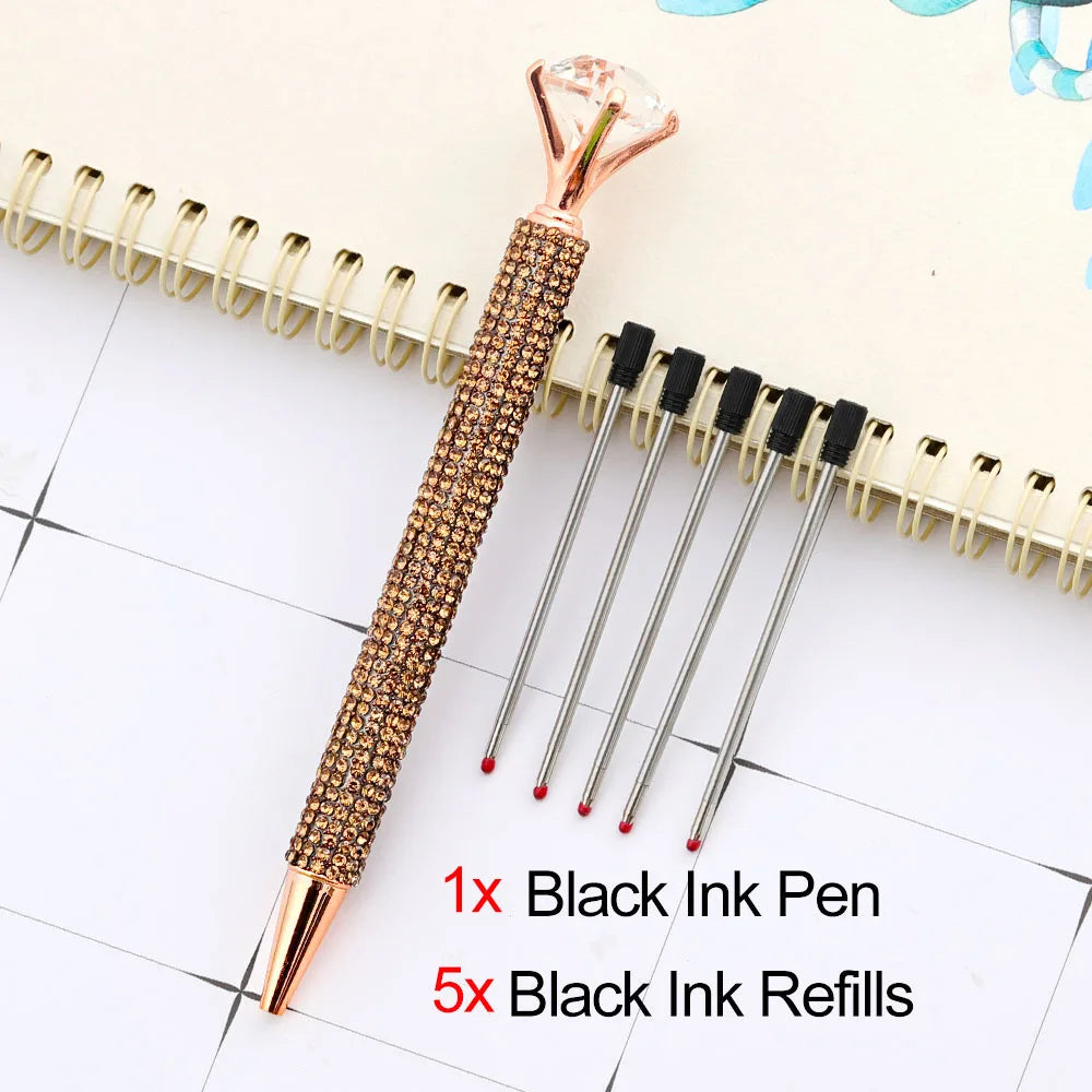 Lytwtw's Luxury Gold Ballpoint Pen Big Diamond Wedding Rose,Metal Stationery School Supplies  1 PCS Pen +5 PCS Refills