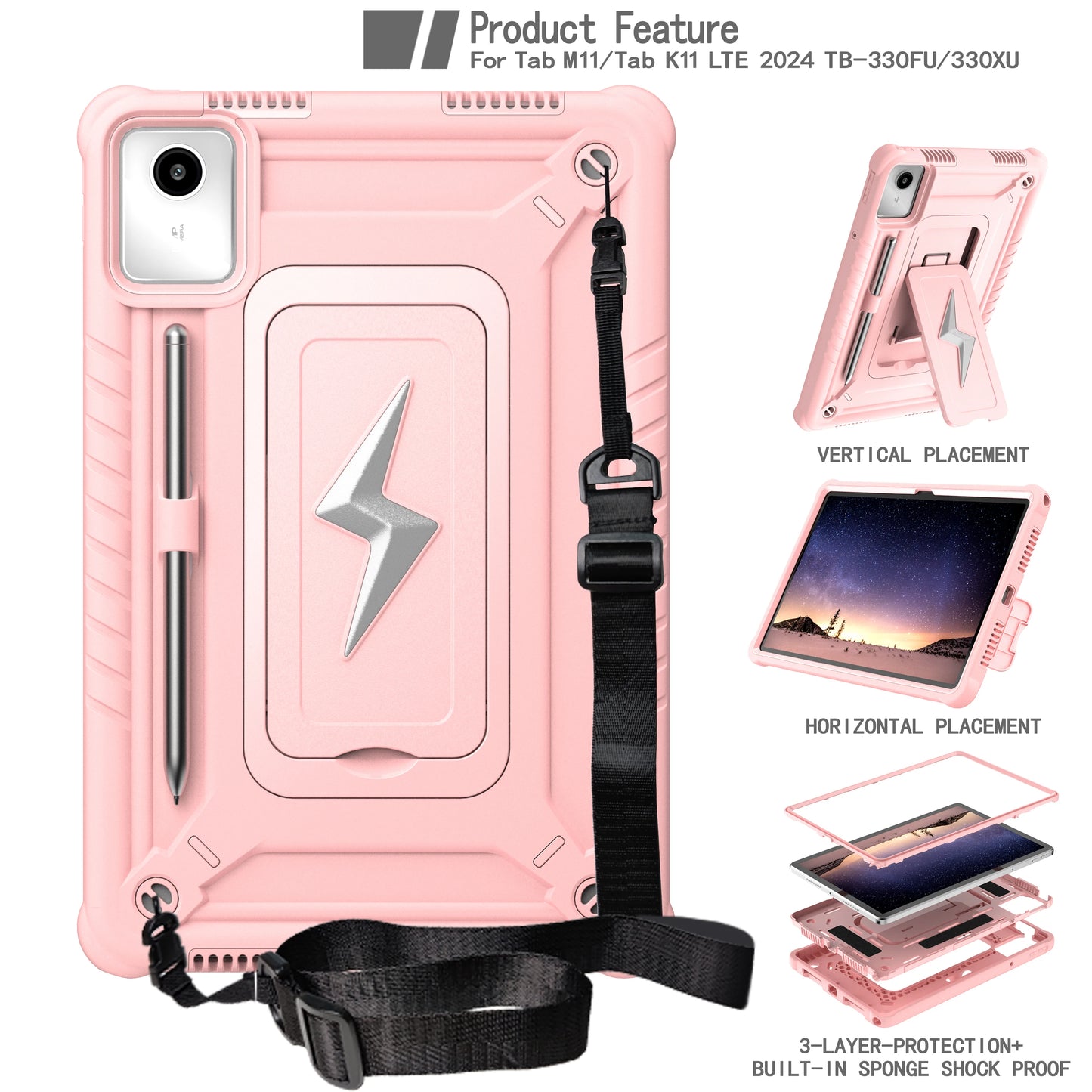 For Lenovo Tab M11 Xiaoxin Pad 2024 11" TB331FC 330FU  Kids Shockproof Tablet Protector Case  With Shoulder Strap and Kickstand