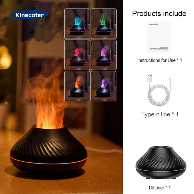 Volcanic Flame Aroma Diffuser - 130ml USB Essential Oil Humidifier with LED Night Light