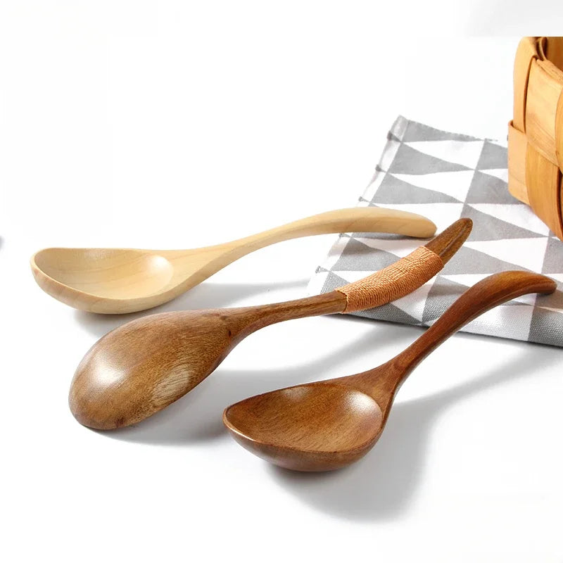 Wooden Spoon Set Japanese Style Long Handle Soup Spoon Wooden Tableware Restaurant Kitchen Tableware Accessories