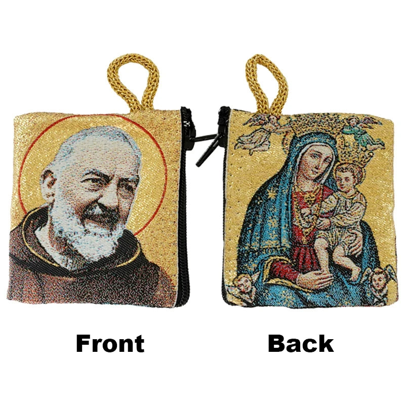 Gold Thread Embroidery Rosary Pouch Embroidered Catholic Image Icon Prayer Bag Religious Jewelry Storage Box 6.6x7.2cm