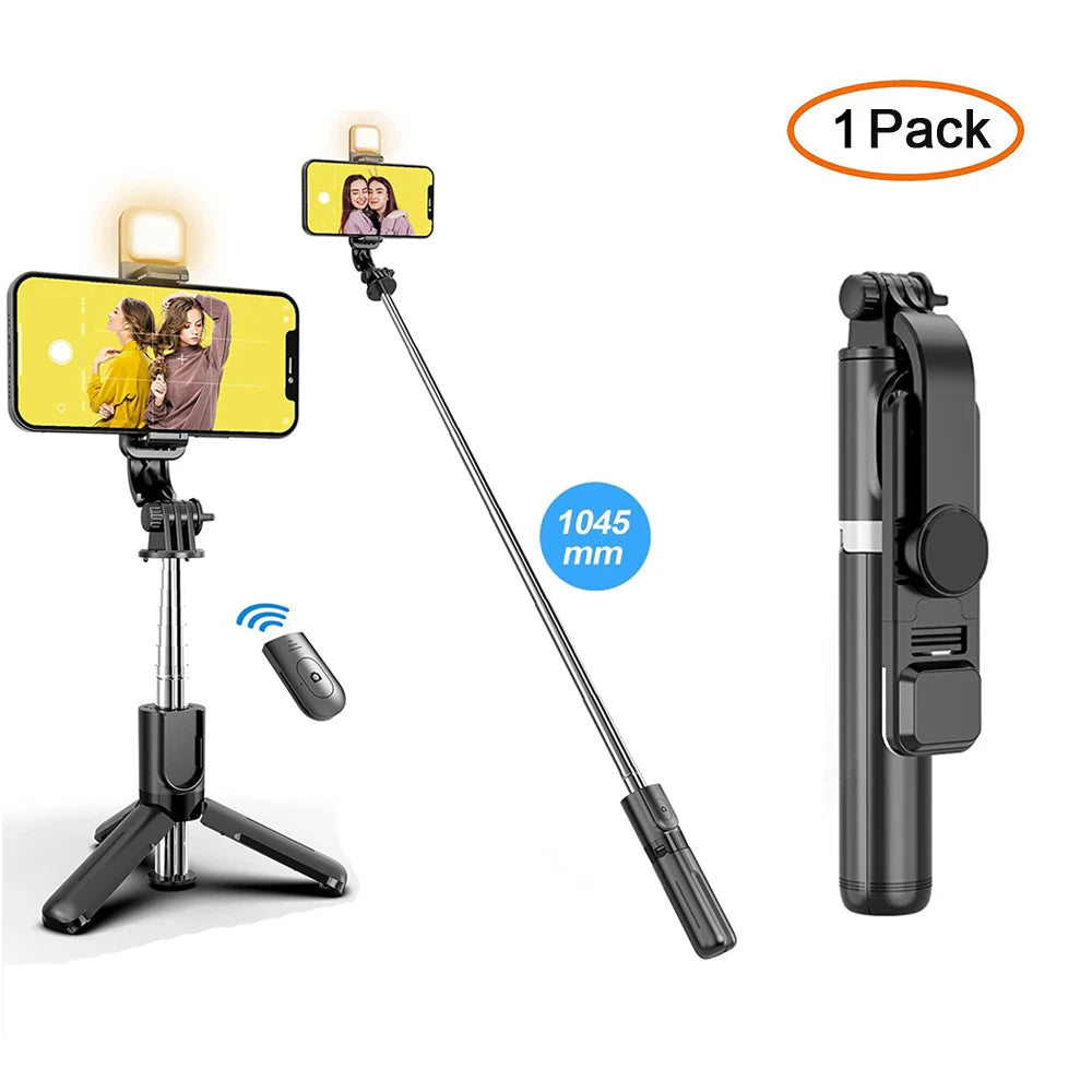 Premium Bluetooth Selfie Stick Tripod - Foldable with Fill Light & Remote