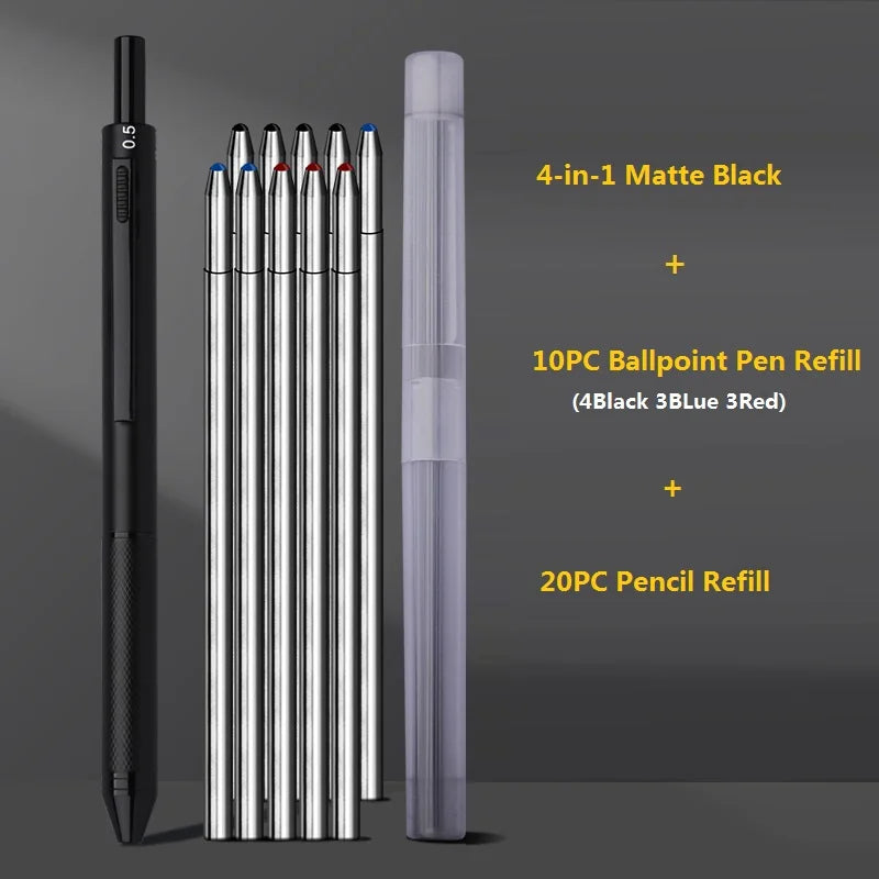4 In1 Multi-Function Ballpoint Pen/Mechanical Pencil,Metal Integrated Gravity Signature Canetas Black Technology Press Oil Stylo