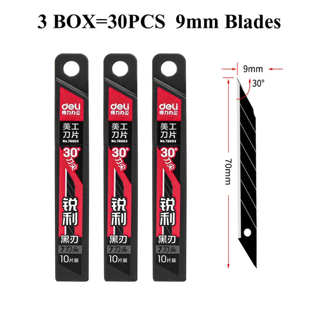 Deli Retractable Box Cutter 9mm 30 Degree Blade Utility Knife Carbon Steel Self-Locking Design Cutting Tools Wallpaper Carton