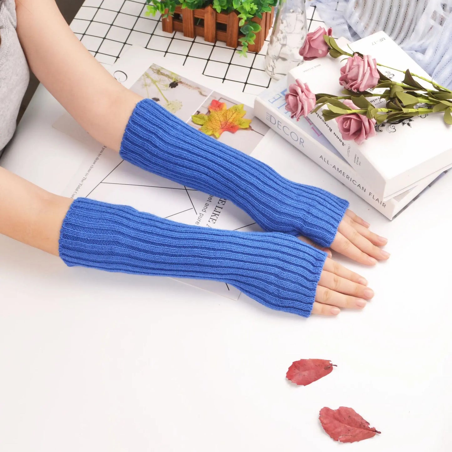 Winter Knit Arm Sleeves – Soft Cashmere Mix Fingerless Mittens & Elbow Protector (Thumb Opening Design)