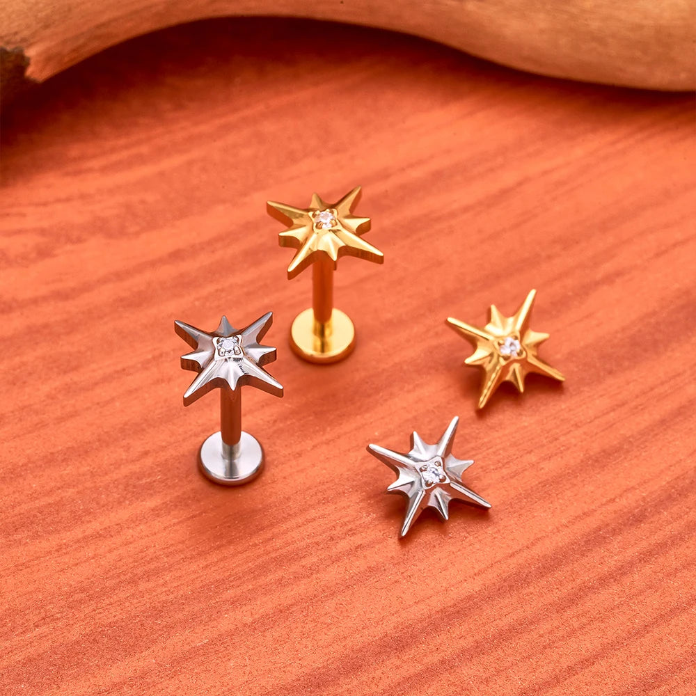 ASTM F136 Titanium 16G Sparkling CZ North Star Stud Earring Labret Cartilage Tragus Helix Conch Lobe Piercing