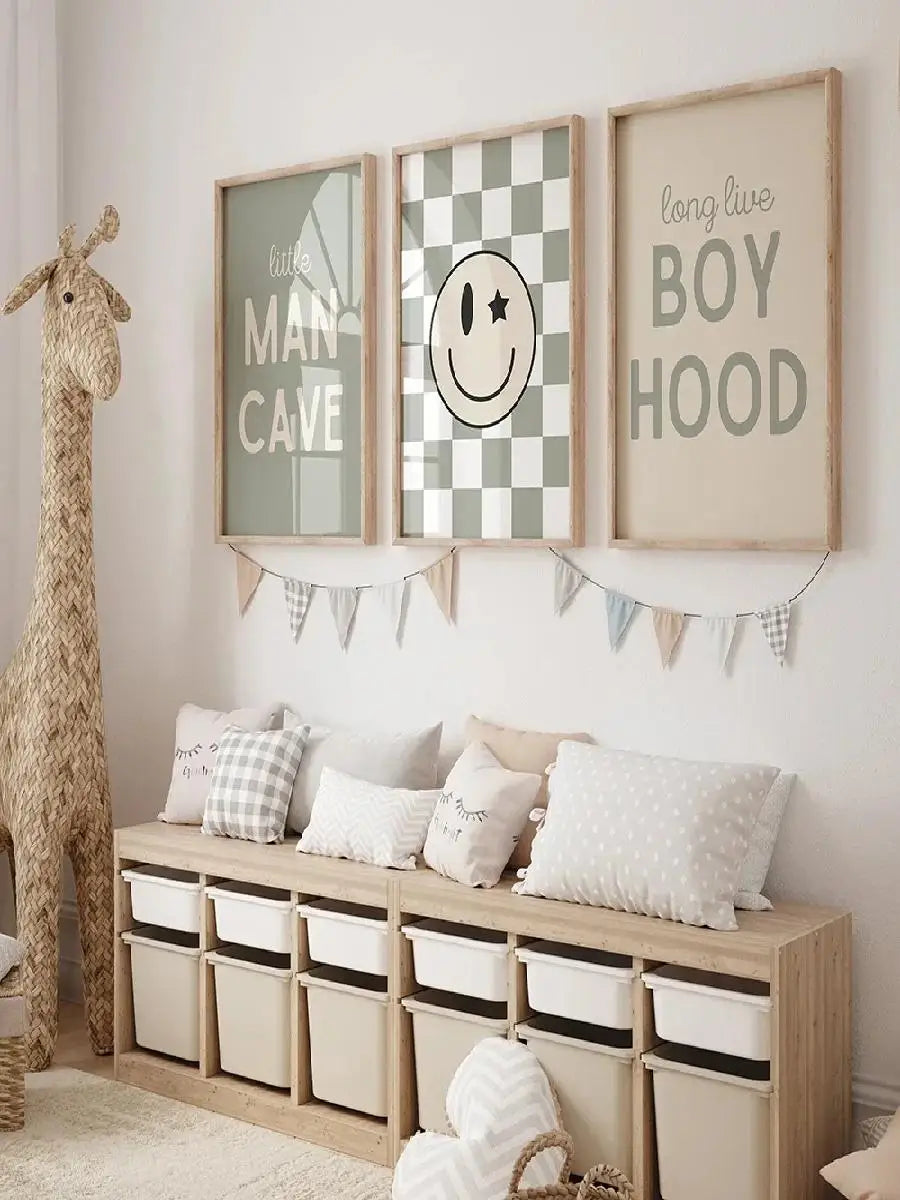 Nursery Checkered Sage Green Smiley Long Live Boyhood Quote Poster  Print Canvas Painting Wall Art for Kids Room Decor  Home Dec