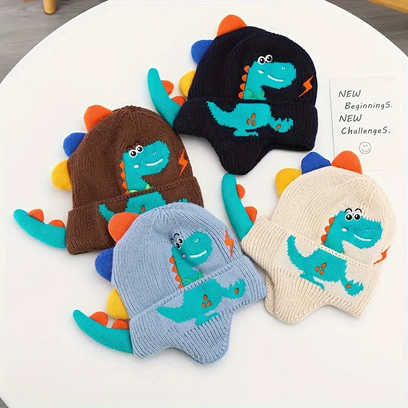 Winter Kid Warm Hat Windproof Thickened Knitted Ear Protection Hooded Hat Outdoor Coldproof Thermal Dinosaur Earmuffs Cap