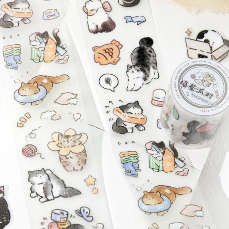 Mr. Paper Lucky Cat PET Tape 200cm - Glitter Sand Material, Cute Pet Theme Journal Decor, DIY Scrapbooking Diary Album Calendar