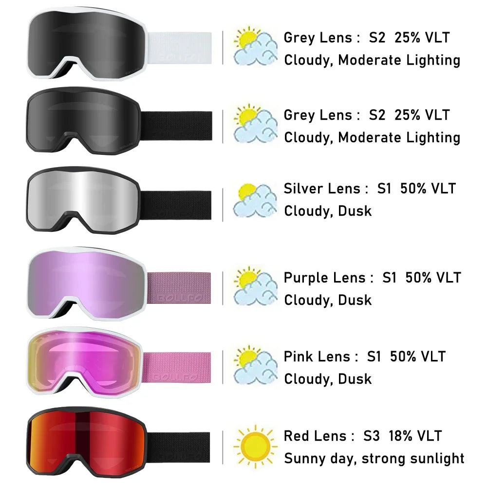 BOLLFO Ski Snowboard Goggles OTG Wide Vision Anti Fog UV Protection Snow Goggles for Men And Women Snowboarding Antiparras