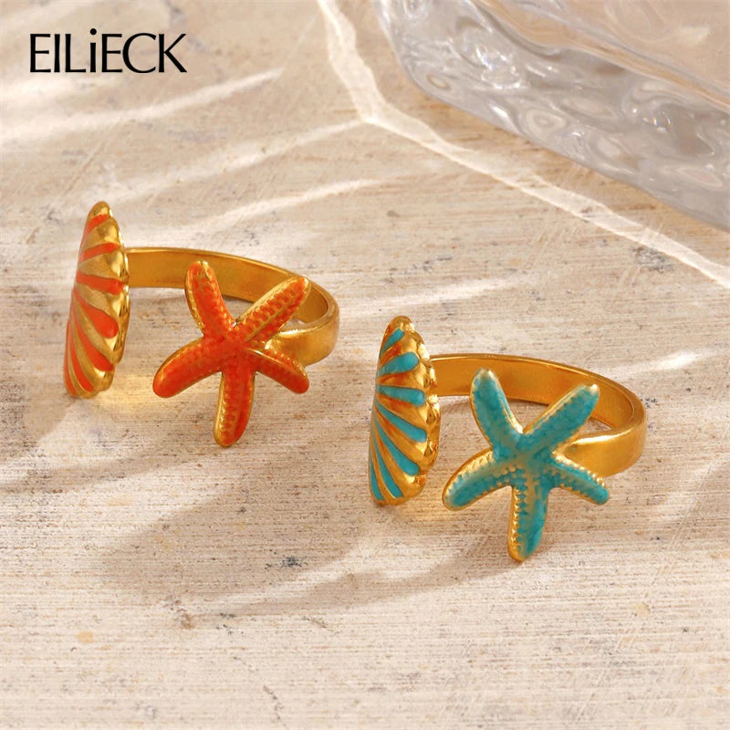 EILIECK 316L Stainless Steel Enamel Starfish Shells Open Adjustable Ring for Women Waterproof Chic Beach Summer Ring Jewelry