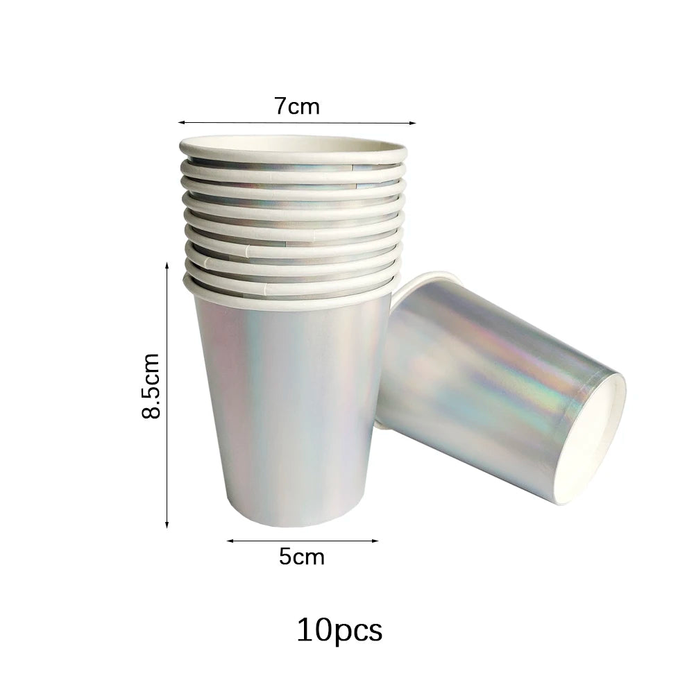 Laser Disposable Tableware Sets Silver Party Paper Cups Paper Plates Straw Party Tableware Wedding Decor Birthday Party Supplies