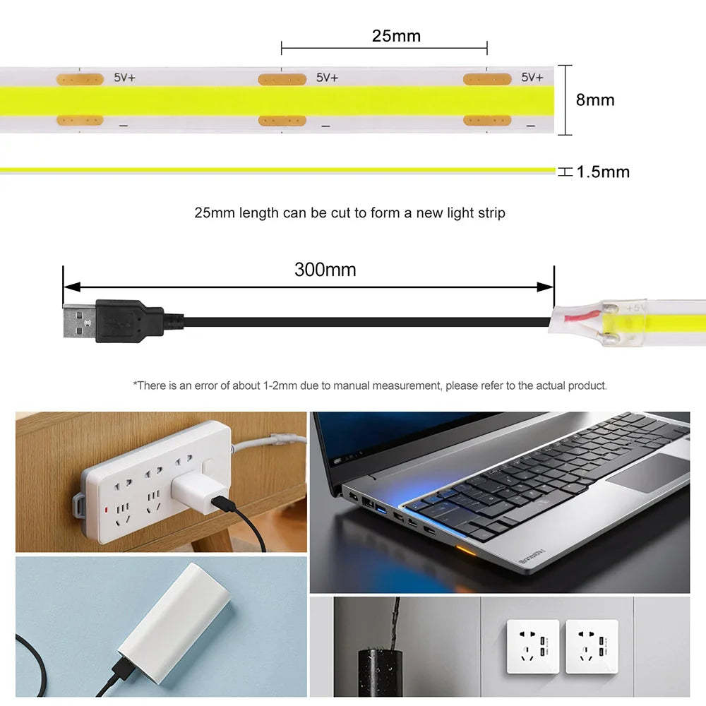 Premium 5V USB COB LED Strip Light - 320LEDs/m Flexible Ribbon Tape